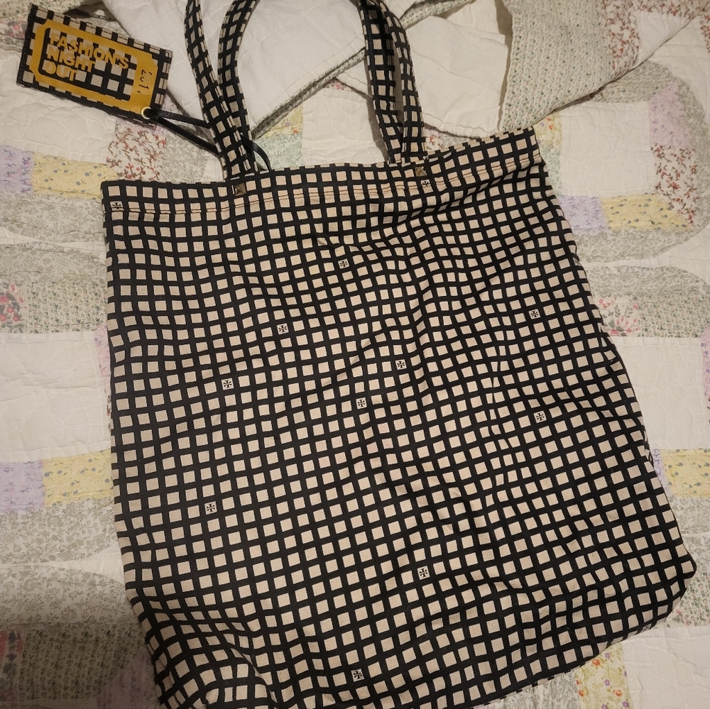 Black and Cream Grid Tote with Yellow Logo Accent - Picture 2 of 4